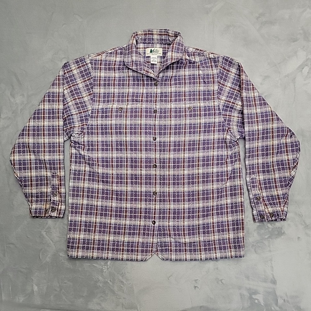 Vintage REI Shirt Women M Purple Plaid Flannel Button Up Outdoor Hiking Gorpcore
